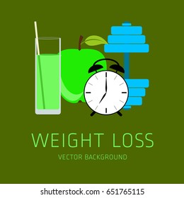 Slimming concept, weight loss, exercise, sports equipment, nutrition, vector background, health, banner, silhouette