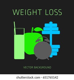 Slimming concept, weight loss, exercise, sports equipment, nutrition, vector background, health, banner, silhouette