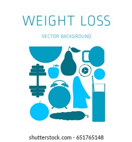 Slimming concept, weight loss, exercise, sports equipment, nutrition, vector background, health, banner, silhouette