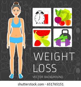 Slimming concept, weight loss, exercise, sports equipment, nutrition, vector background, health, banner, silhouette