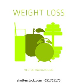 Slimming concept, weight loss, exercise, sports equipment, nutrition, vector background, health, banner, silhouette