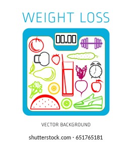 Slimming concept, weight loss, exercise, sports equipment, nutrition, vector background, health, banner, silhouette