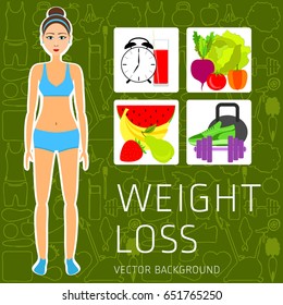 Slimming concept, weight loss, exercise, sports equipment, nutrition, vector background, health, banner, silhouette