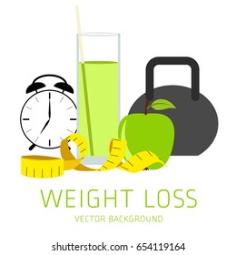 Slimming concept, weight loss, exercise, sports equipment, nutrition, vector background, health, banner, silhouette