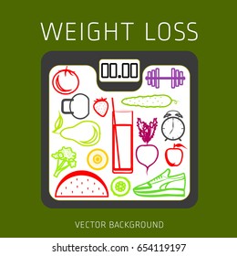 Slimming concept, weight loss, exercise, sports equipment, nutrition, vector background, health, banner, silhouette