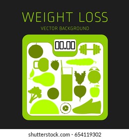 Slimming concept, weight loss, exercise, sports equipment, nutrition, vector background, health, banner, silhouette