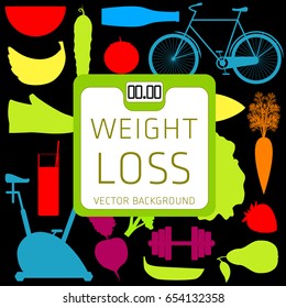Slimming concept, weight loss, exercise, sports equipment, nutrition, vector background, health, banner, silhouette
