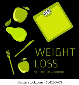 Slimming concept, weight loss, exercise, sports equipment, nutrition, vector background, health, banner, silhouette