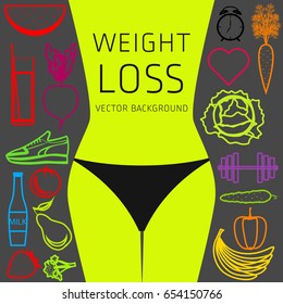 Slimming concept, weight loss, exercise, sports equipment, nutrition, vector background, health, banner, silhouette
