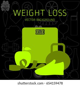 Slimming concept, weight loss, exercise, sports equipment, nutrition, vector background, health, banner, silhouette