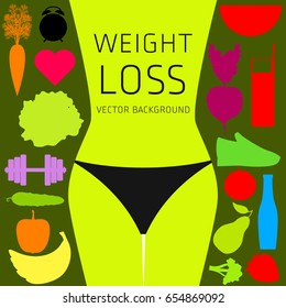Slimming concept. Weight loss, exercise, sports equipment, nutrition vector background. Health banner, silhouette.