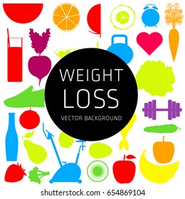 Slimming concept, weight loss, exercise, sports equipment, nutrition, vector background, health, banner, silhouette