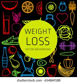 Slimming concept, weight loss, exercise, sports equipment, nutrition, vector background, health, banner, silhouette
