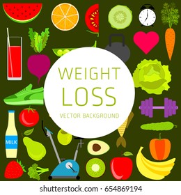 Slimming concept, weight loss, exercise, sports equipment, nutrition, vector background, health, banner, silhouette