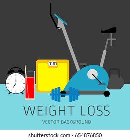 Slimming concept, weight loss, exercise, sports equipment, nutrition, vector background, health, banner, silhouette