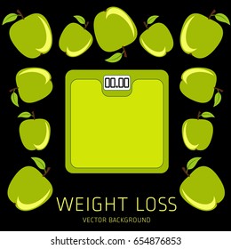 Slimming concept, weight loss, exercise, sports equipment, nutrition, vector background, health, banner, silhouette
