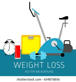 Slimming concept. Weight loss, exercise, sports equipment, nutrition vector background. Health banner, silhouette.