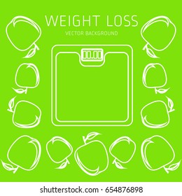 Slimming concept. Weight loss, exercise, sports equipment, nutrition vector background. Health banner, silhouette.