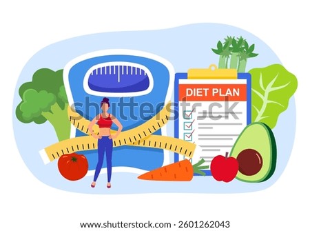 Slimming female standing with diet plan schedule with healthy food in flat design.
