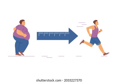 Slimming and fit progress description with two running men, flat vector illustration isolated on white background. Fat overweight and slim men running.