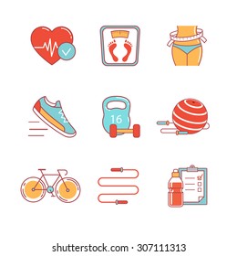 Slimming, fitness and healthy lifestyle thin line icons set. Modern flat style symbols isolated on white for infographics or web use.