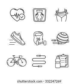 Slimming, fitness and healthy lifestyle thin line art icons set. Modern flat style symbols isolated on white for infographics or web use.