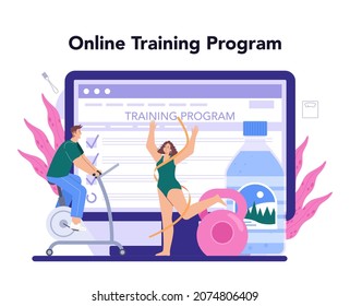 Slimming process online service or platform. Person losing weight with fitness exercise and healthy food. Online training program. Flat vector illustration