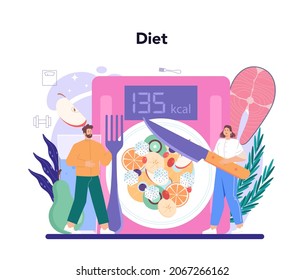 Slimming process. Person losing weight with fitness exercise and healthy food. Idea of diet and everyday sport activity. Vector illustration in cartoon style