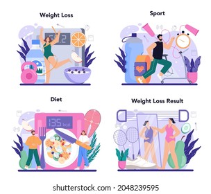Slimming process set. Person losing weight with fitness exercise and healthy food. Idea of diet and everyday sport activity. Vector illustration in cartoon style
