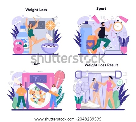 Slimming process set. Person losing weight with fitness exercise and healthy food. Idea of diet and everyday sport activity. Vector illustration in cartoon style