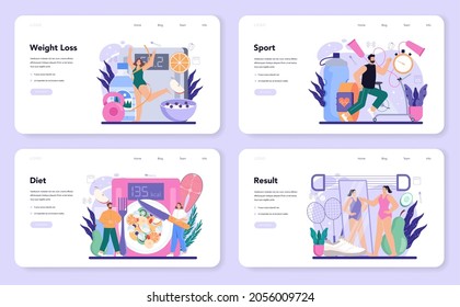 Slimming Process Web Banner Or Landing Page Set. Person Losing Weight With Fitness Exercise And Healthy Food. Idea Of Diet And Everyday Sport Activity. Vector Illustration In Cartoon Style