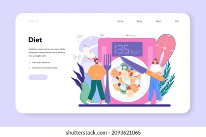 Slimming process web banner or landing page. Person losing weight with fitness exercise and healthy food. Idea of diet and everyday sport activity. Vector illustration in cartoon style