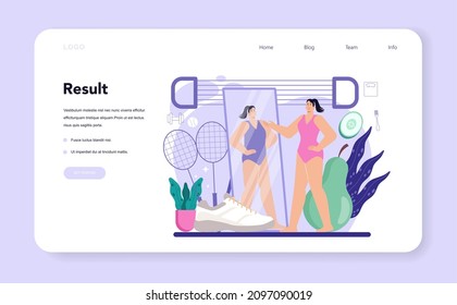 Banner web o página de inicio del proceso de adelgazamiento. Persona que pierde peso con ejercicio físico y comida saludable. Idea de la dieta y la actividad deportiva cotidiana. Ilustración vectorial en estilo de caricatura