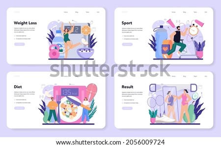 Slimming process web banner or landing page set. Person losing weight with fitness exercise and healthy food. Idea of diet and everyday sport activity. Vector illustration in cartoon style