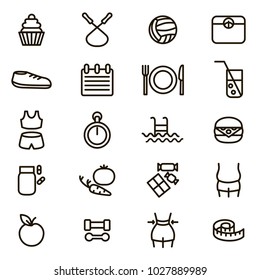 Slimming Signs Black Thin Line Icon Set Include of Fitness, Diet, Female Body, Scale, Food, Apple and Meter. Vector illustration