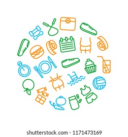 Slimming Signs Thin Line Round Design Template Include of Fitness, Diet, Female Body, Scale, Food, Apple and Meter. Vector illustration