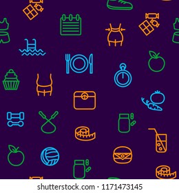 Slimming Signs Thin Line Seamless Pattern Background Include of Fitness, Diet, Female Body, Scale, Food, Apple and Meter. Vector illustration