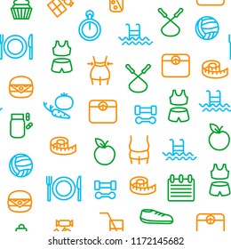 Slimming Signs Thin Line Seamless Pattern Background on a White Include of Fitness, Diet, Female Body, Scale, Food, Apple and Meter. Vector illustration