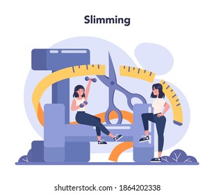 Slimming specialist. Diet plan and physical activity. Over weight people getting skinny. Calories control and fitness in slimming process. Isolated flat vector illustration