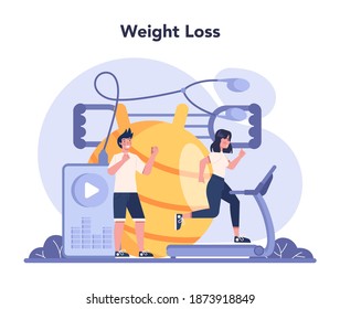 Slimming specialist. Diet plan and physical activity. Over weight people getting skinny. Calories control and fitness in slimming process. Isolated flat vector illustration