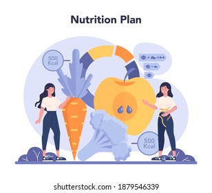 Slimming specialist. Nutrition plan with healthy food and physical activity. Calorie control and diet concept. Vector illustration in cartoon style