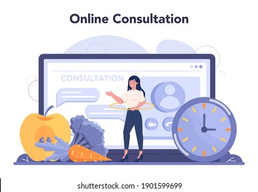 Slimming specialist online service or platform. Diet plan and physical activity. Calories control and fitness. Online consultation. Isolated vector illustration