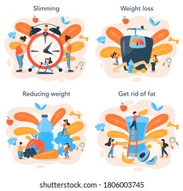 Slimming specialist set. Diet, plan, healthy, food, physical, activity. Over weight people getting from thick to skinny. Calories control. Isolated flat vector illustration