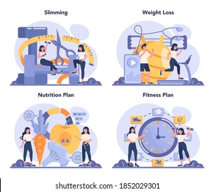 Equipo de especialistas en adelgazamiento. Plan de dieta y actividad física. La gente con más peso se pone delgada. Control de calorías y aptitud en el proceso de adelgazamiento. Ilustración vectorial plana aislada