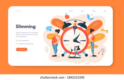 Slimming specialist web banner or landing page. Diet, plan, healthy, food, physical, activity. Over weight people getting from thick to skinny. Calories control. Isolated flat vector illustration