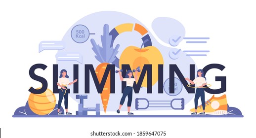 Slimming typographic header. Diet plan and physical activity. Over weight people getting skinny. Calories control and fitness in slimming process. Isolated flat vector illustration