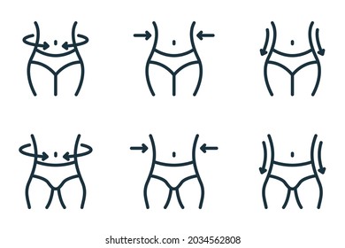 Slimming Waist. Woman and Man Loss Weight Line Icon. Shape Waistline Control Outline Icon. Set of Female and Male Body Slimming Linear Pictogram. Editable Stroke. Isolated Vector Illustration. - Shutterstock ID 2034562808