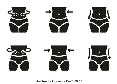 Slimming Waist. Woman and Man Loss Weight Silhouette Icon. Shape Waistline Control Black Icon. Set of Female and Male Body Slimming Pictogram. Isolated Vector Illustration.