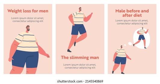 Slimming, Weight Loss for Men Banners. Fat Male Character Walk and Run, Transformation Timeline by Stages of Obese Man Turning into Healthy Body, Sport Training. Cartoon People Vector Posters Set