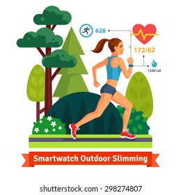 Slimming woman running in the park and burning calories. Monitoring her hurt rate, and steps with smart watch. Flat vector illustration isolated on white background.